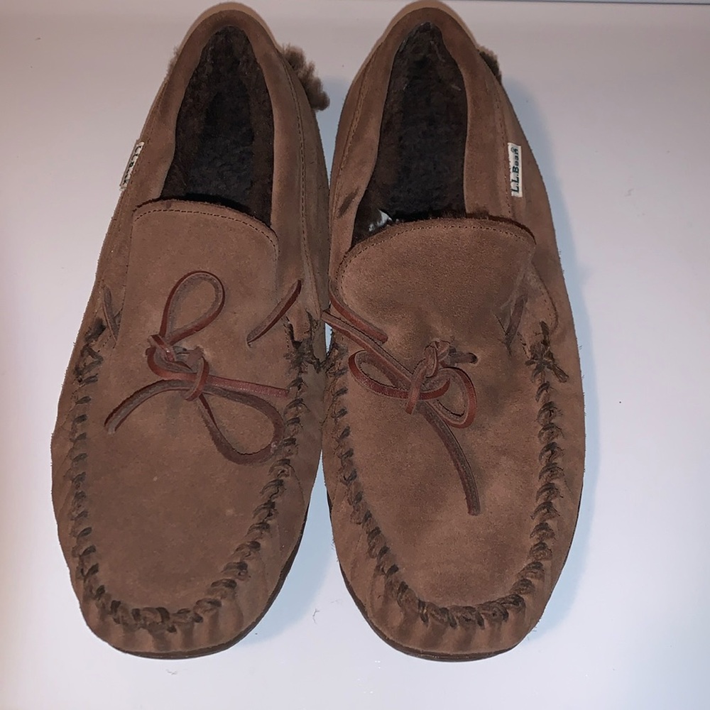 LL Bean Brown Suede Wicked Good Shearling Lined Slipper loafers Size 10 Men